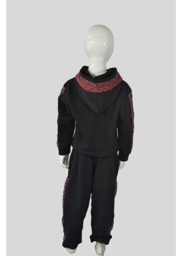 Sweat Enfant Noir Customisé en Wax Léopard Rouge et Vert