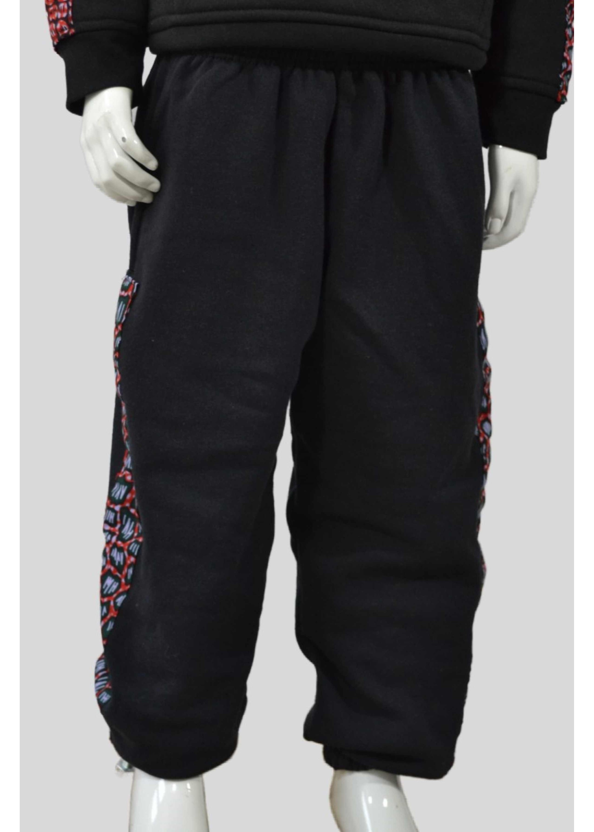 Pantalon de Jogging Enfant Noir Customisé avec tissu Wax motif Léopard Rouge et Vert