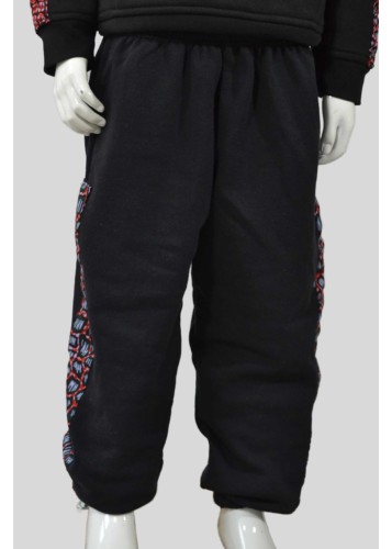 Pantalon de Jogging Enfant Noir Customisé avec tissu Wax motif Léopard Rouge et Vert