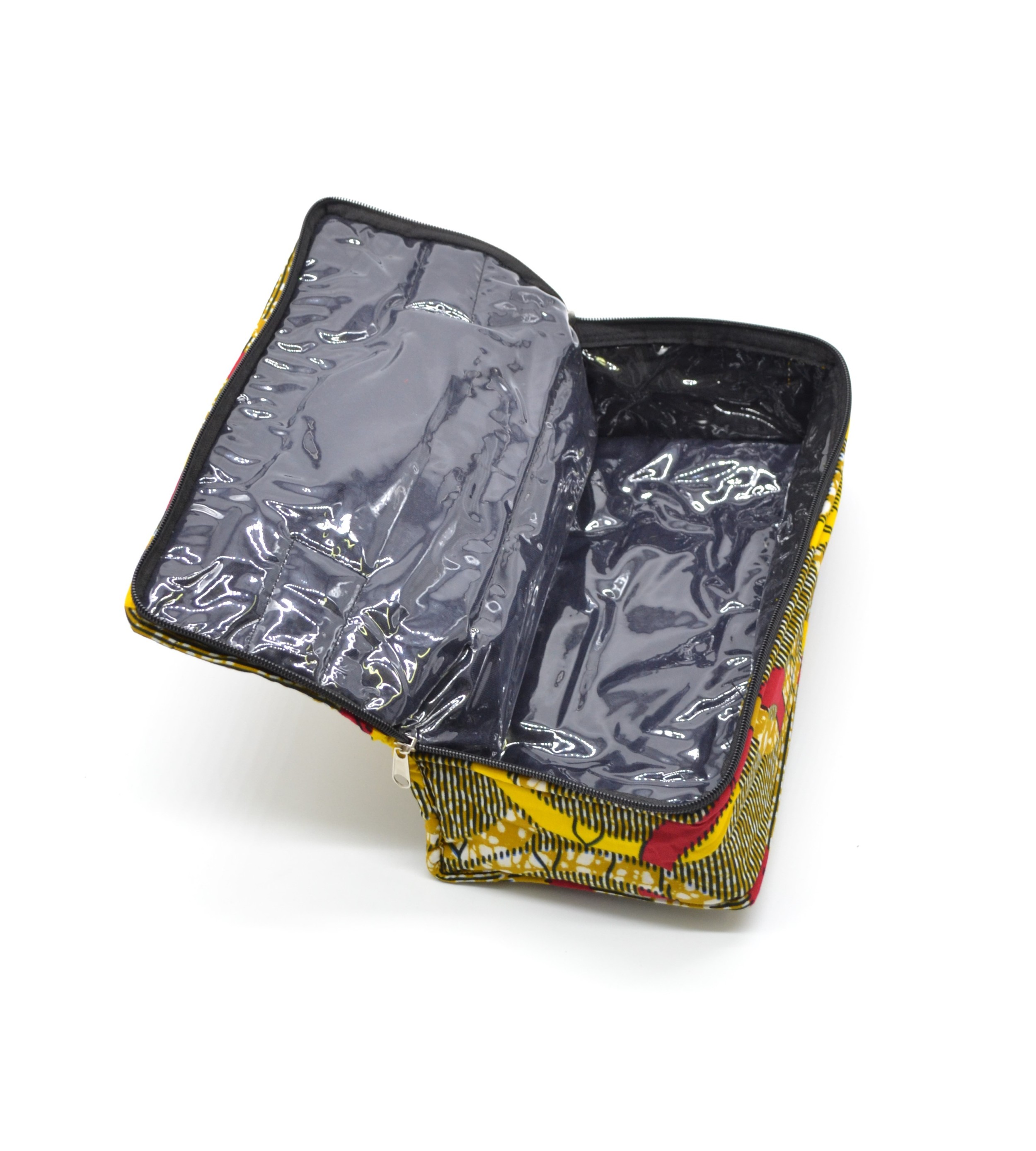 Trousse de toilette rectangulaire jaune et marron en tissu wax