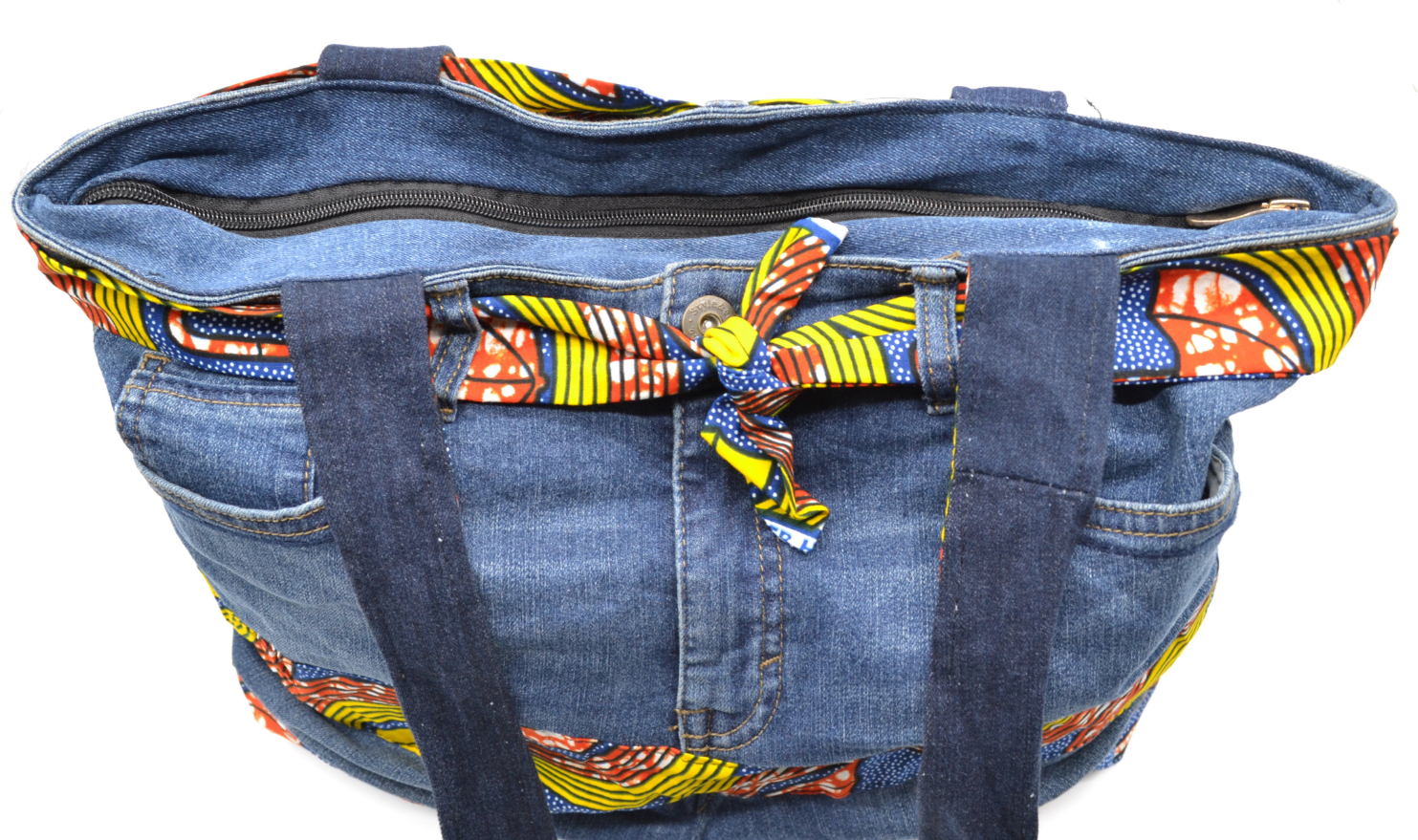 Sac à main multicolore en Jeans et tissu wax jaune