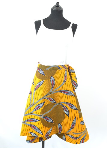 Jupe portefeuille en tissu wax jaune