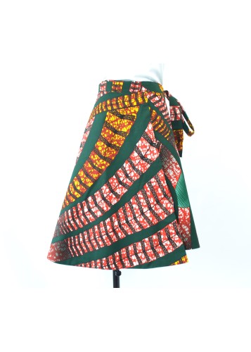 Jupe portefeuille colorée en tissu wax verte et jaune
