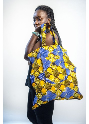 Tote Bag en tissu Wax Bleu, jaune et marron