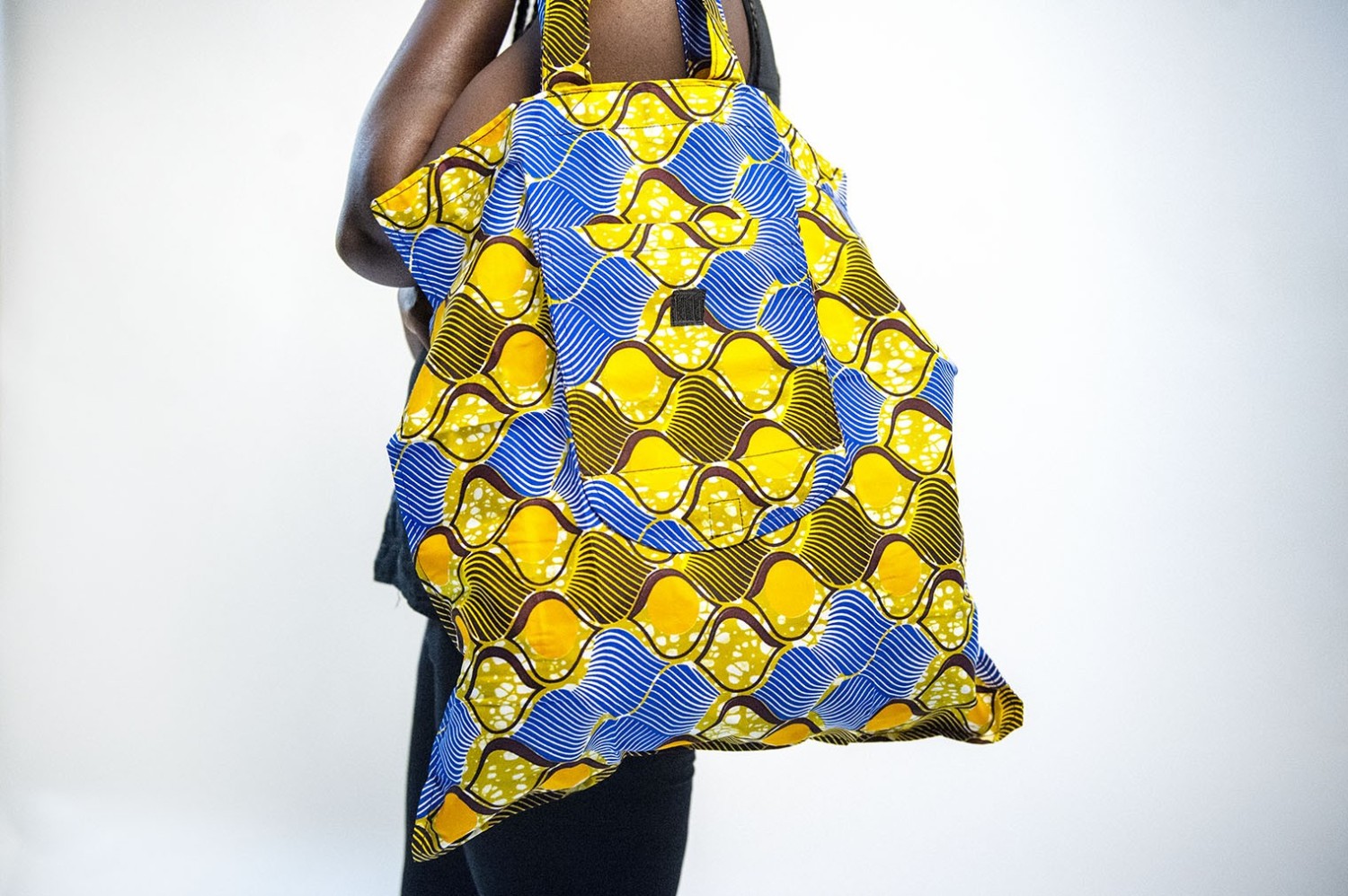 Tote Bag en tissu Wax Bleu, jaune et marron