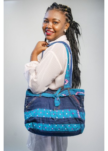 Sac à main en jean et tissu wax bleu