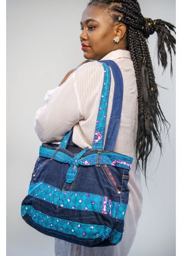 Sac à main en jean et tissu wax bleu