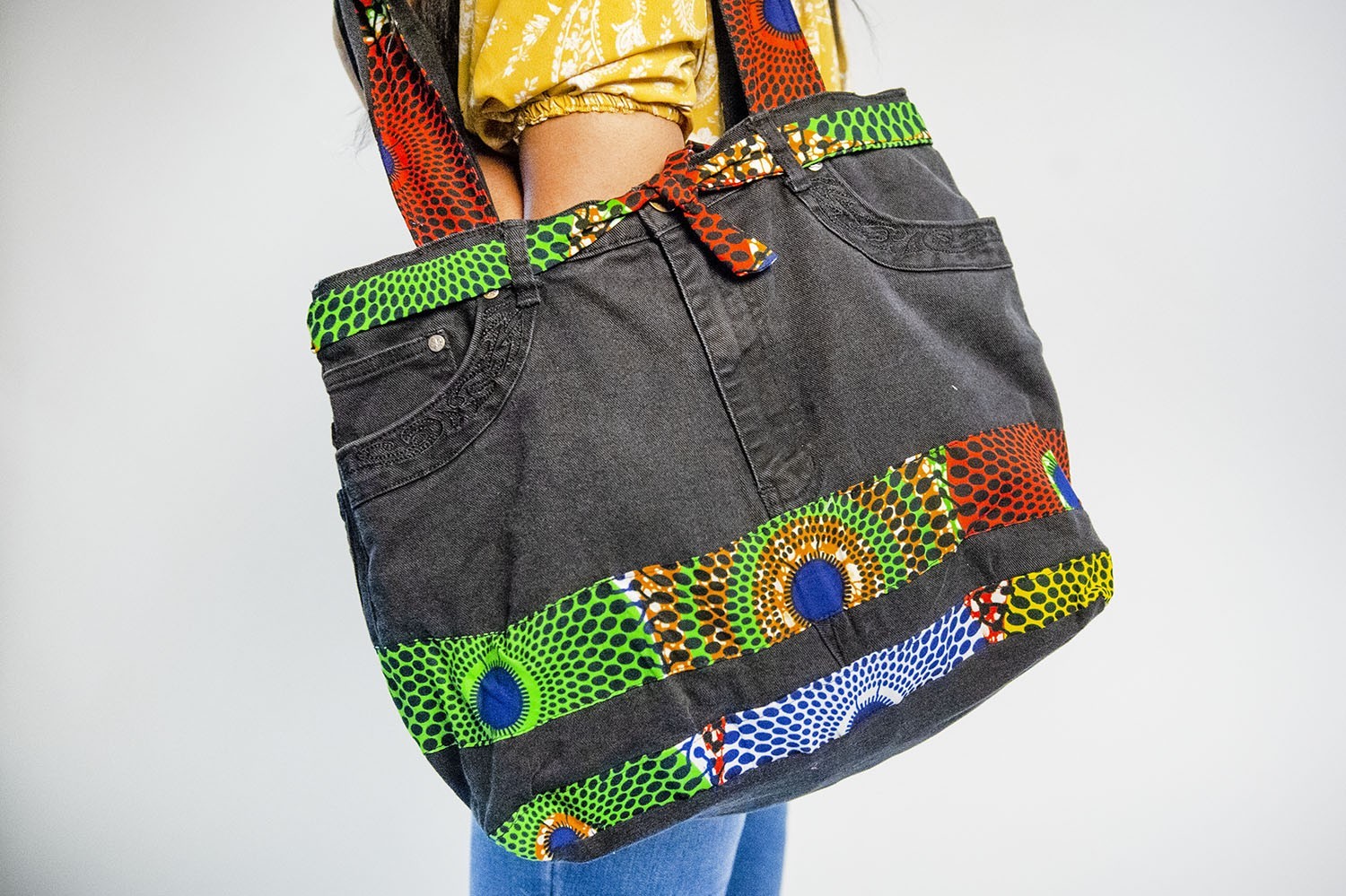 Sac à main artisanal en Jeans et wax