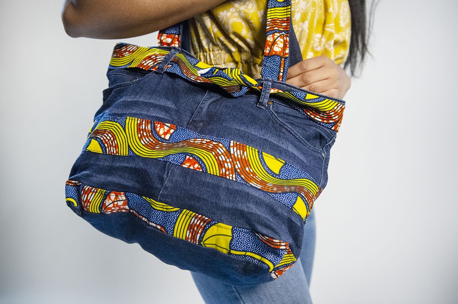 Sac à main multicolore en Jeans et tissu wax jaune