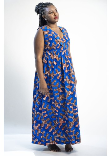 Robe bleue en tissu Wax